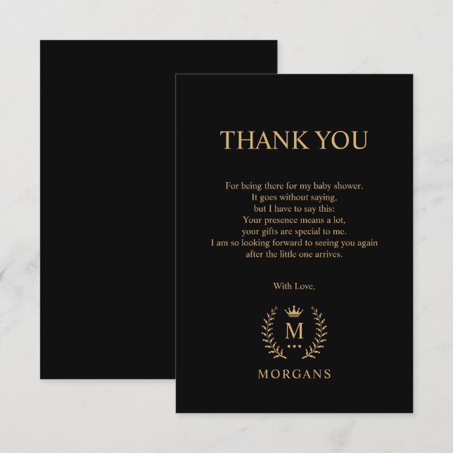 Carte De Remerciements Simple et Élégant Monogramme Noir Or (Devant / Derrière)