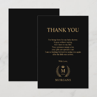 Carte De Remerciements Simple et Élégant Monogramme Noir Or