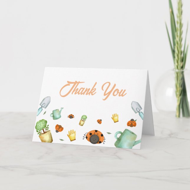 Carte De Remerciements Simple et rustique Baby shower de jardin Ladybug (Devant)