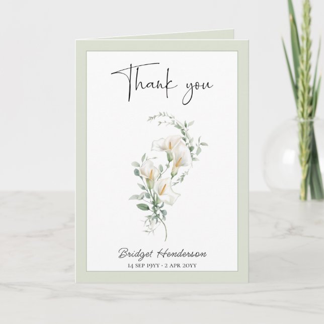 Carte De Remerciements Simple Lys Calla Blanc Eucalyptus Sympathie (Devant)