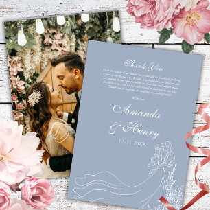 Carte De Remerciements Simple Main tiré Couple Photo Dusty Blue Mariage