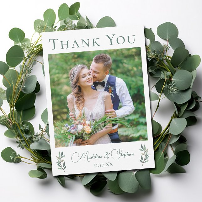 Carte De Remerciements Simple Mariage Chic Photo Vert Eucalyptus Feuille (Créateur téléchargé)