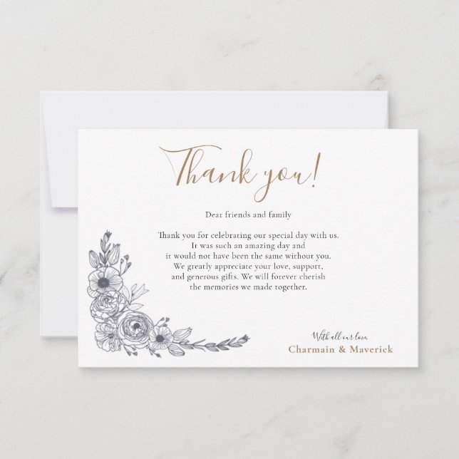 Carte De Remerciements Simple Mariage floral minimal noir et blanc (Devant)