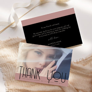 Carte De Remerciements Simple Mariage Photo Rose Poussiéreuse Noir