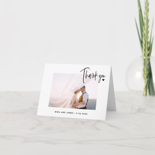 Carte De Remerciements Simple Mariage Script Photo Heart Élégant Moderne (Devant)