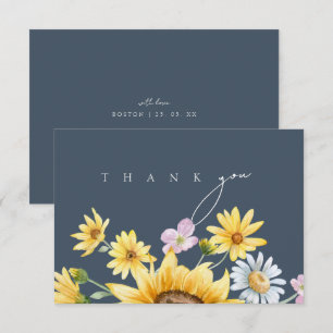 Carte De Remerciements Simple Mariage Tournesol Aquarelle Bleu Ardoise