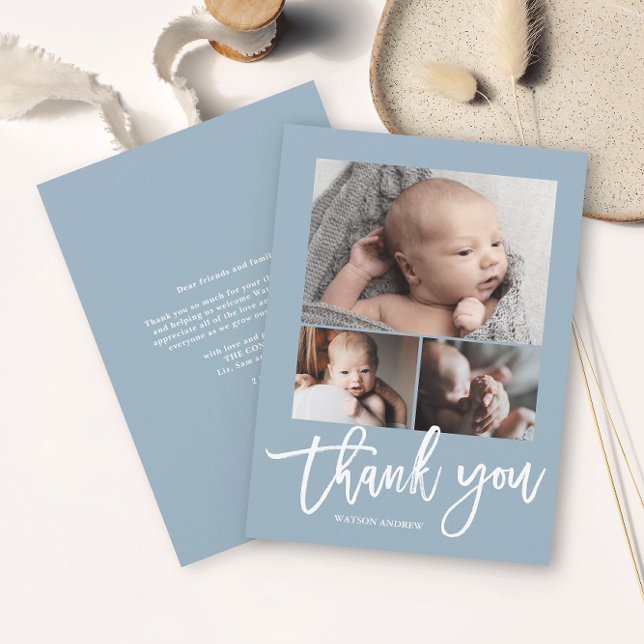 Carte De Remerciements Simple Modern 3 Photo Collage photo bébé photo (Simple photo collage baby thank you card with modern script in white on a dusty blue background.)