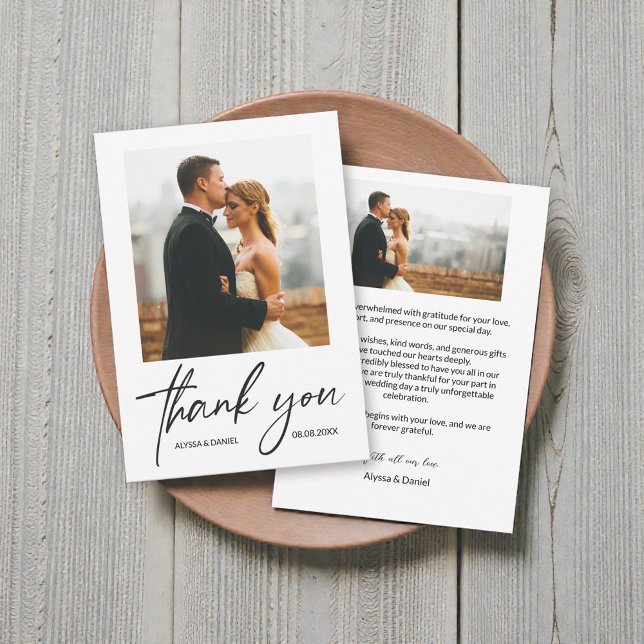 Carte De Remerciements Simple Moderne 2 Photos Note de Mariage  (Modern handlettering thank you script with 2 wedding photo and custom message wedding announcement.)