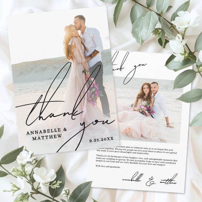 Carte De Remerciements Simple Moderne Écriture Photo Mariage (Simple Modern Script Photo Wedding Thank You Card)