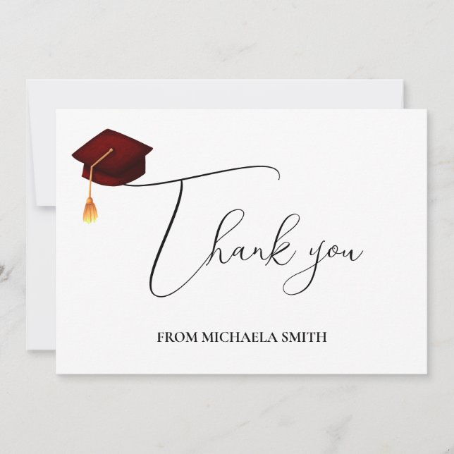 Carte De Remerciements Simple moderne Maroon Casquette Script Graduation (Devant)