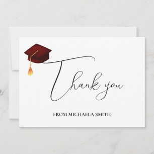 Carte De Remerciements Simple moderne Maroon Casquette Script Graduation