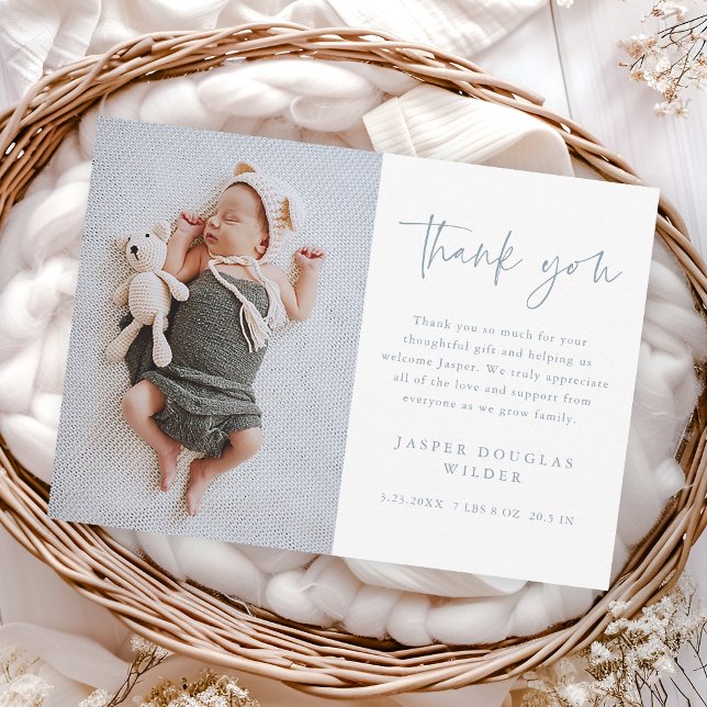 Carte De Remerciements Simple Photo de bébé écriture manuscrite (Simple modern script dusty blue baby photo thank you cards.)