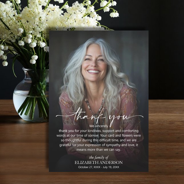 Carte De Remerciements Simple Photo de Funérailles (Funeral Thank You Card with your message printed over your loved one's photo, default size 3.5" x 5")