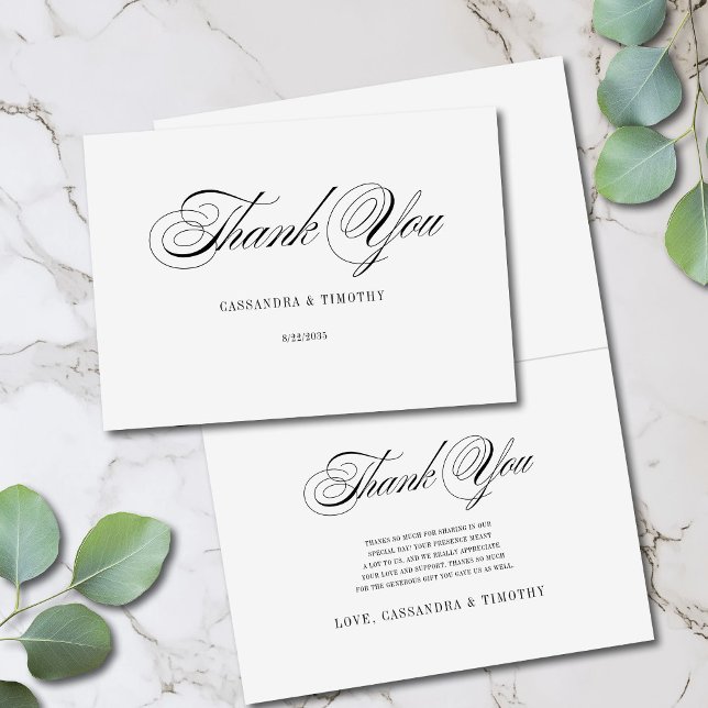 Carte De Remerciements Simple romantique noir et blanc Mariage de script  (Minimal modern thank-you cards with a vintage flair)