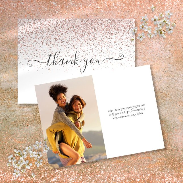 Carte De Remerciements Simple rose doré moderne pailleté script photo (Simple Modern Rose Gold Glitter Script Photo Thank You Card)