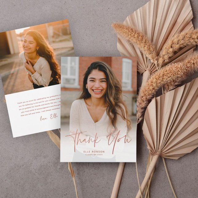 Carte De Remerciements Simple Rose Gold Script 2 Photo Remise de diplôme (Créateur téléchargé)