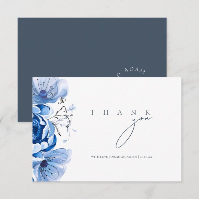 Carte De Remerciements Simple Royal Blue Opulence Floral Rose Mariage (Devant / Derrière)