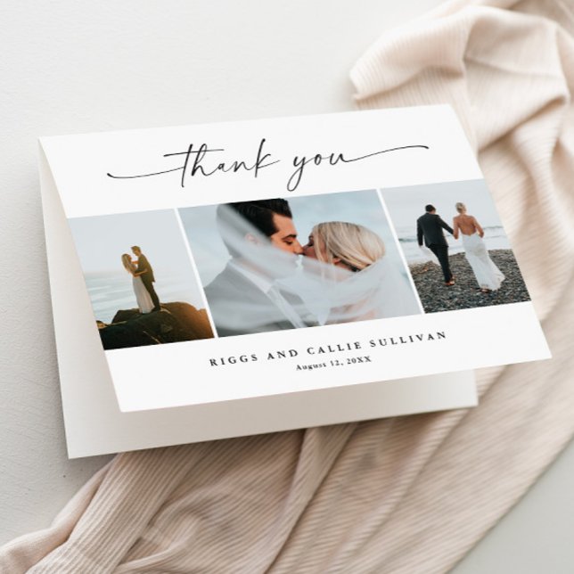 Carte De Remerciements Simple Script 3  Photo Mariage  (3 Photo Collage Folded Wedding Thank You Card.)