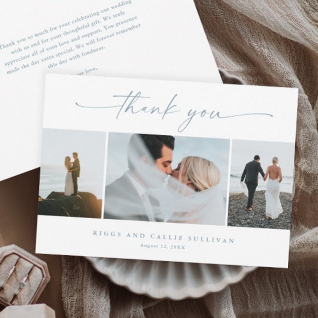 Carte De Remerciements Simple Script 3  Photo Mariage  (Elegant handwritten dusty blue script wedding photo thank you cards.)