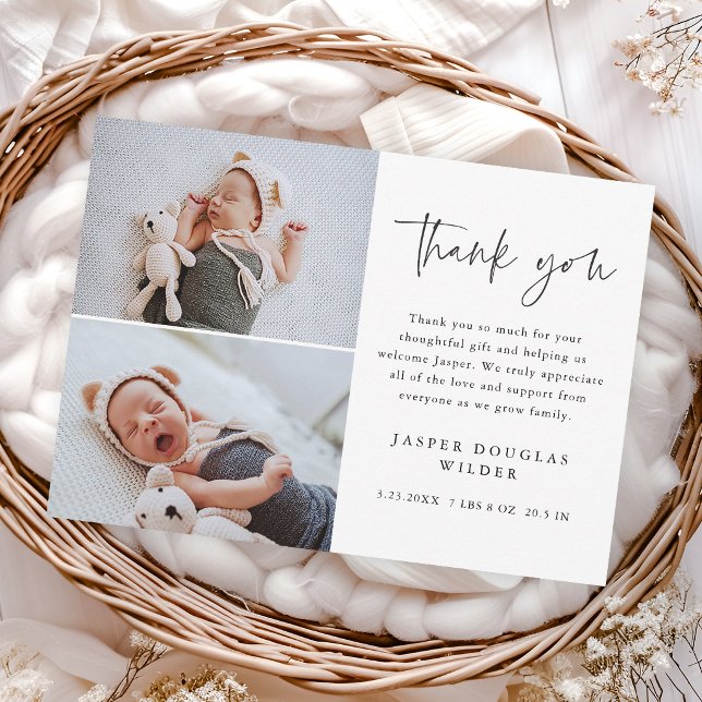 Carte De Remerciements Simple Script Baby Photo (Simple modern script 2 photo baby thank you cards.)