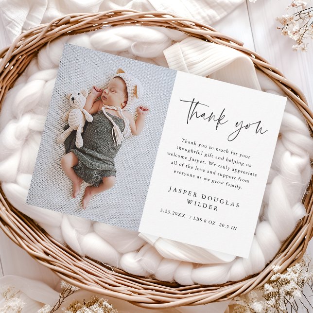 Carte De Remerciements Simple Script Baby Photo (Simple script baby photo thank you card.)