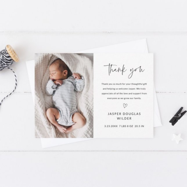 Carte De Remerciements Simple Script Black and White Baby Photo (Simple handwritten black and white baby photo thank you card.)