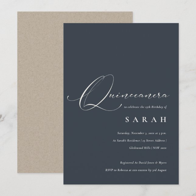 Carte De Remerciements Simple Script Black Navy Blanc Quinceañera Invitat (Devant / Derrière)