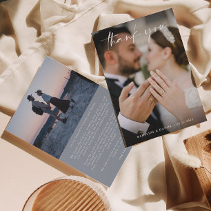 Carte De Remerciements Simple Script Bleu Poussiéreux avec Photo Mariage