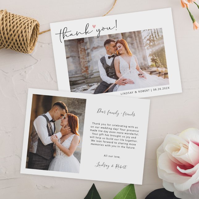 Carte De Remerciements Simple Script Love Heart Classy Mariage Photo (Say "thank you" with grace and beauty with this Simple Script  Wedding Photo Thank Card.)