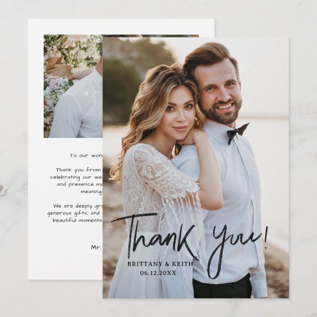 Carte De Remerciements Simple Script Mariage Moderne Photo (Devant / Derrière)