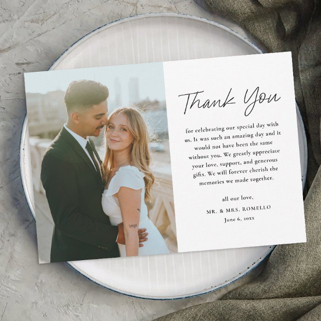 Carte De Remerciements Simple Script Mariage Photo Noir et Blanc (Simple Modern Script Black and White Wedding Photo Thank You Card.)