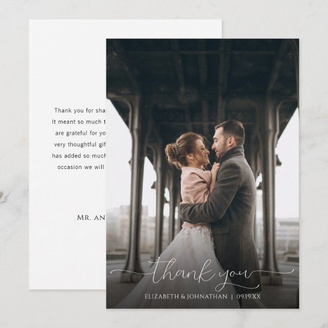 Carte De Remerciements Simple Script minimaliste noir et blanc Mariage ph (Devant / Derrière)