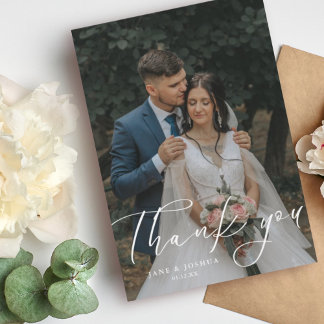 Carte De Remerciements Simple Script Modern Mariage Photo