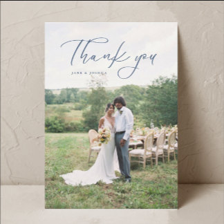 Carte De Remerciements Simple Script Moderne Photo Mariage Bleu