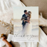 Carte De Remerciements simple script newlyween wedding<br><div class="desc">black text overlay design witzeit modern lettering script and a lovely photo of the newlyweds,  the image and text can be personalized</div>