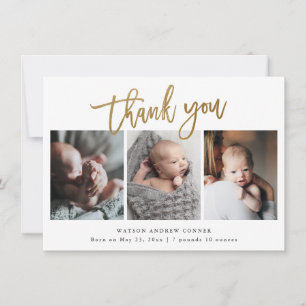 Carte De Remerciements Simple Script Or 3 Photo Bébé