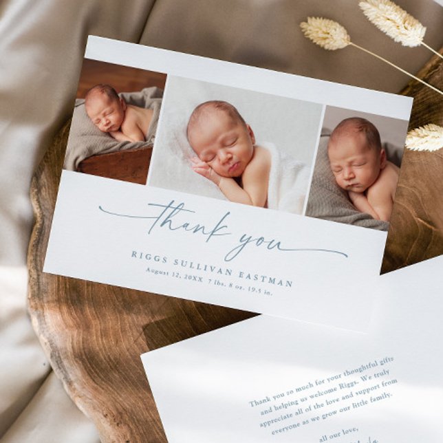 Carte De Remerciements Simple Script Photo Collage Baby (Elegant modern script 3 photo collage baby thank you announcement card.)