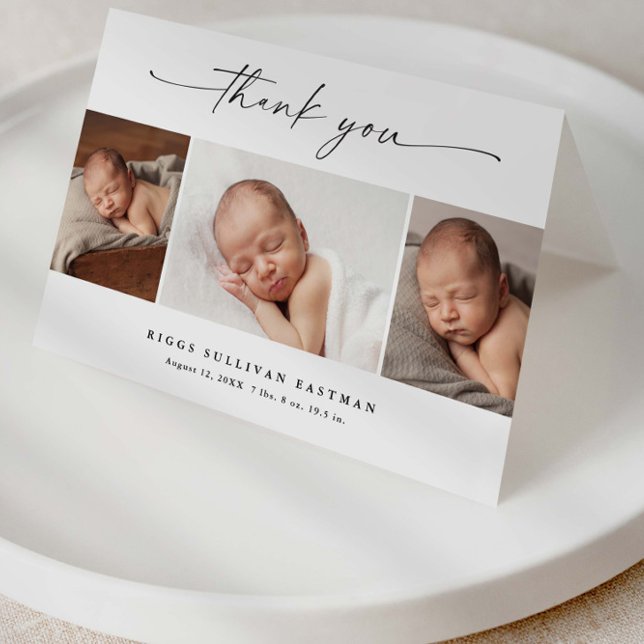 Carte De Remerciements Simple Script Photo Collage Baby (Modern script 2 photo collage baby announcement thank you cards.)