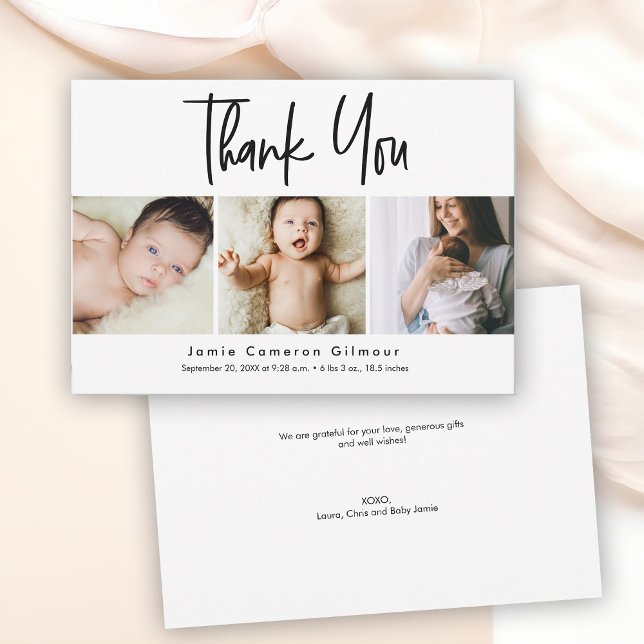 Carte De Remerciements Simple Script Photo Collage Bébé (Modern 3 photos baby shower thank you cards, handlettering script type.)