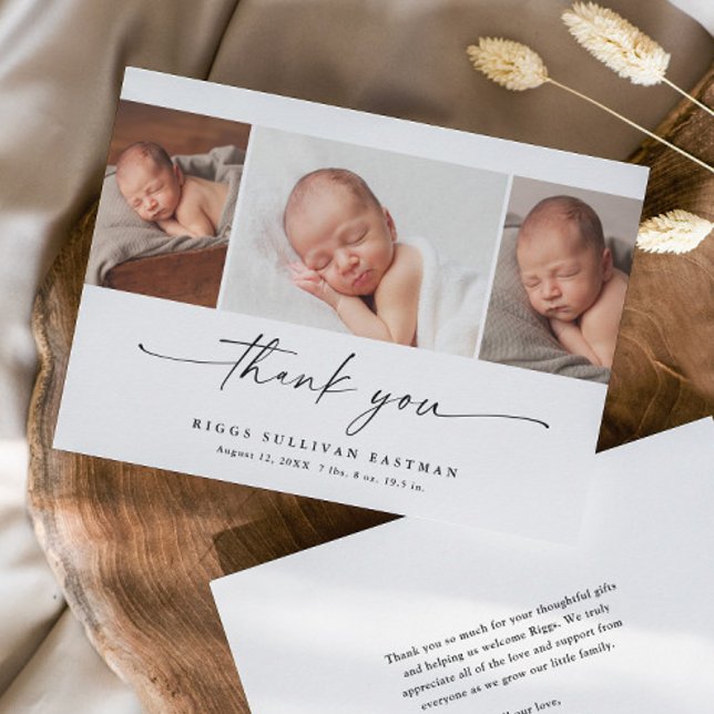 Carte De Remerciements Simple Script Photo Collage Bébé (Elegant modern script 3 photo collage baby thank you announcement card.)
