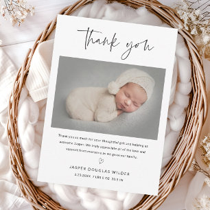 Carte De Remerciements Simple Script Photo de bébé en noir et blanc