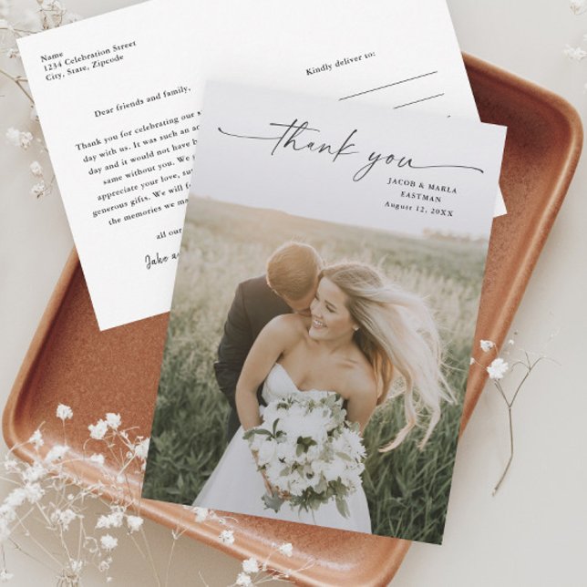 Carte De Remerciements Simple Script Photo Mariage (Elegant script wedding photo thank you postcard.)