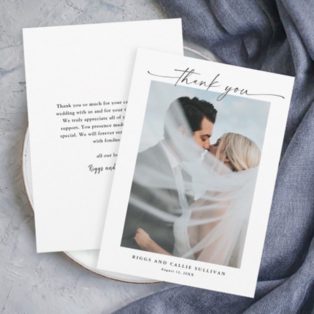 Carte De Remerciements Simple Script Portrait Photo de mariage  (Elegant script black and white modern wedding photo thank you card.)