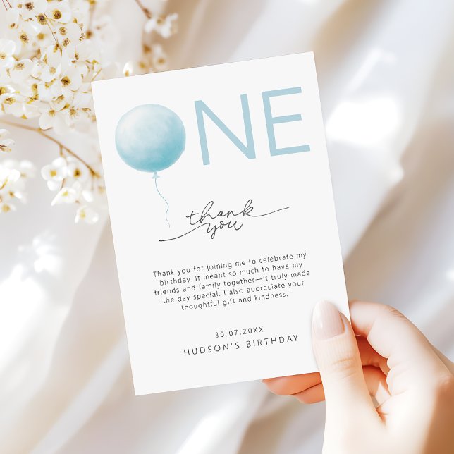 Carte De Remerciements Simple Soft Blue Balloon Garçon Premier Anniversai (Créateur téléchargé)