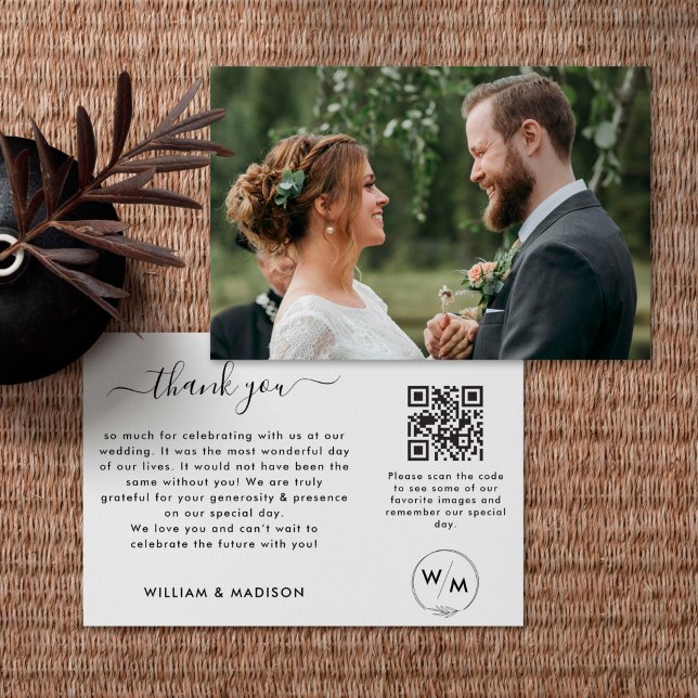 Carte De Remerciements Simple Wedding Script With Monogram And QR Code (Créateur téléchargé)