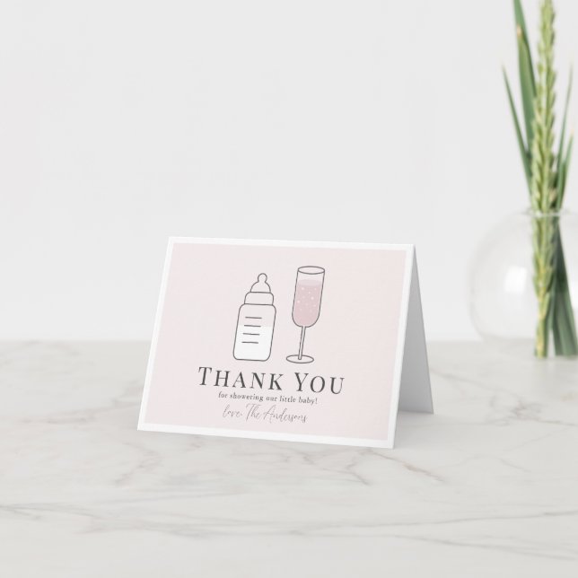 Carte De Remerciements Sip & Voir Champagne Bouteille Baby shower rose (Devant)