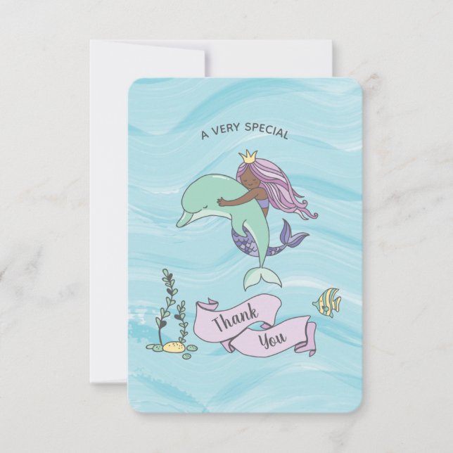 Carte De Remerciements Sirène pourpre foncée à la peau foncée avec dauphi (Devant)