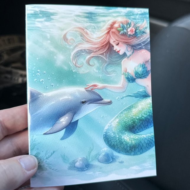 Carte De Remerciements Sirène sous le littoral marin (Mermaid with Dolphin Under the Sea blank notecard stationery)