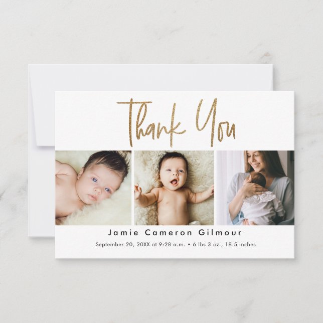 Carte De Remerciements Small Modern Gold Script Custom 3 photo Baby (Devant)
