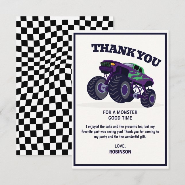 Carte De Remerciements Smash Crash - Anniversaire du camion monstre viole (Devant / Derrière)